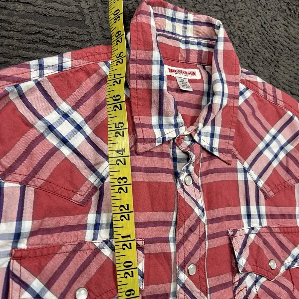 True Religion Brand Jeans Plaid Western Snap Shirt Men's M Short Sleeve Red Blue
